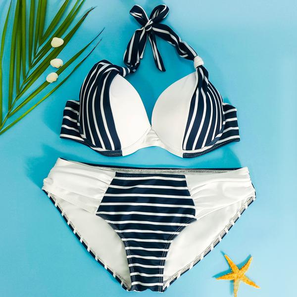 F4543 Striped Splicing Halter Bikini Set